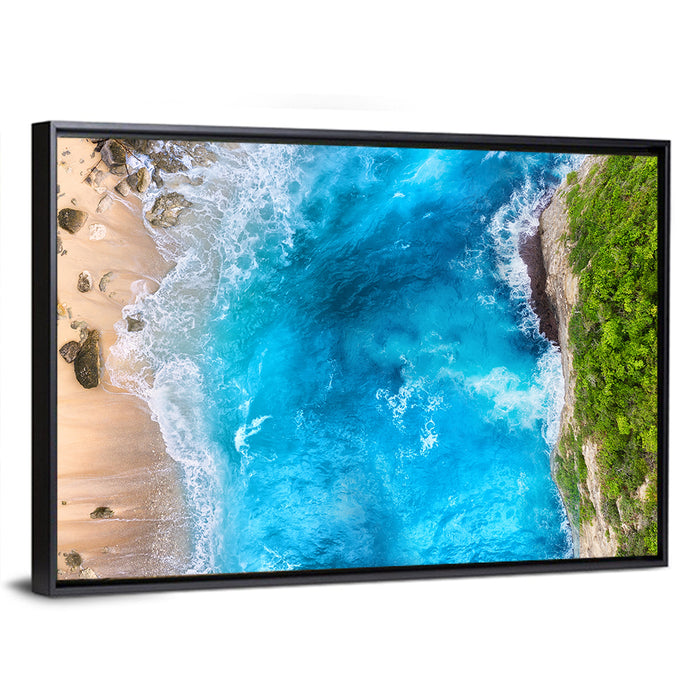 Aerial Turquoise Beach Cliffs Wall Art as a framed canvas