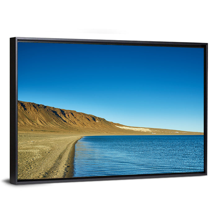 Khyargas Nuur Shoreline Wall Art as a framed canvas