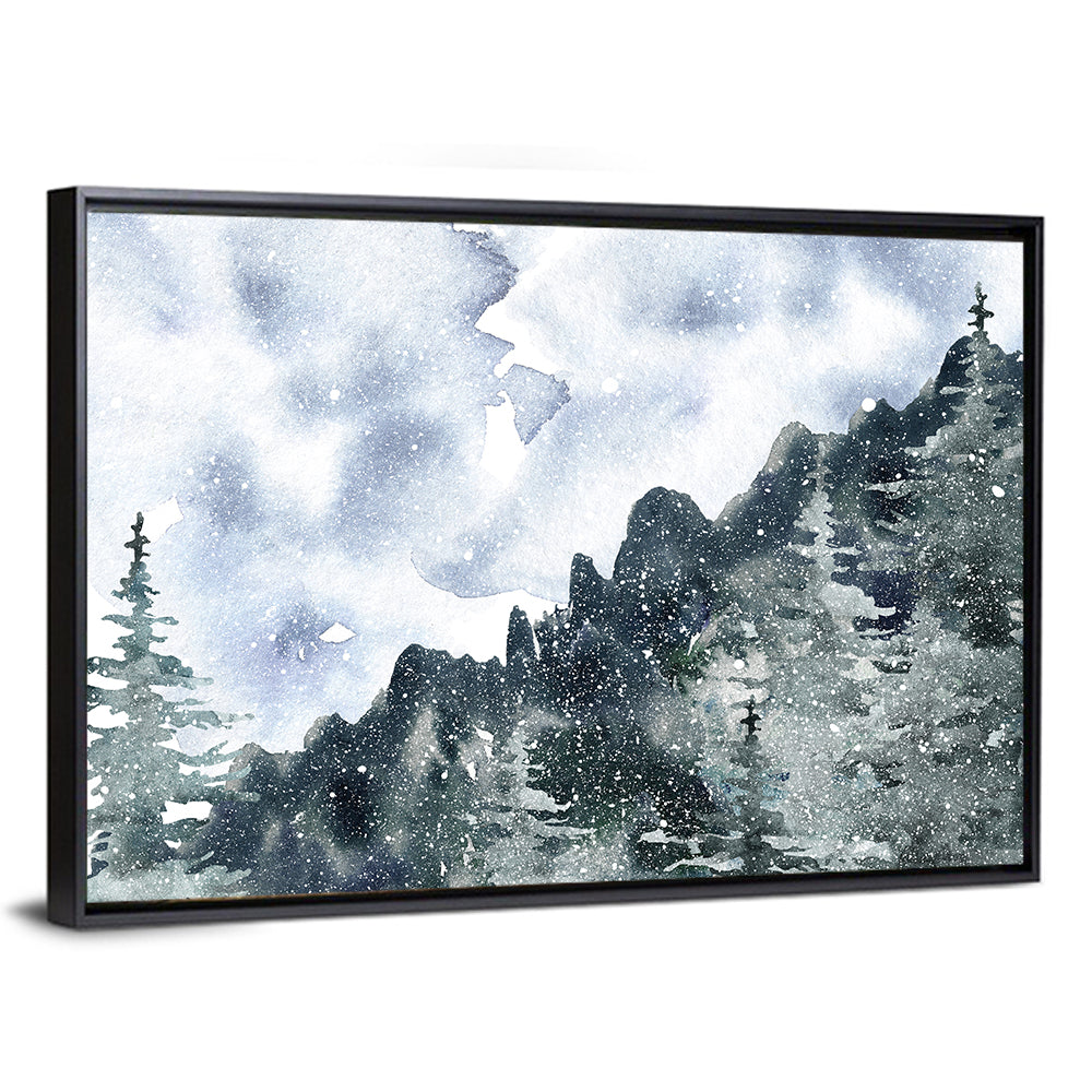 Snowfall Mountain Forest Illustration Wall Art