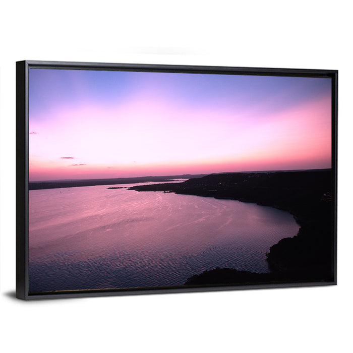 Lake Travis Purple Sunset Wall Art as a framed canvas