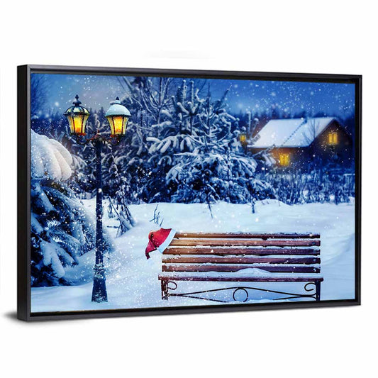 Snowy Bench in Winter Forest Wall Art