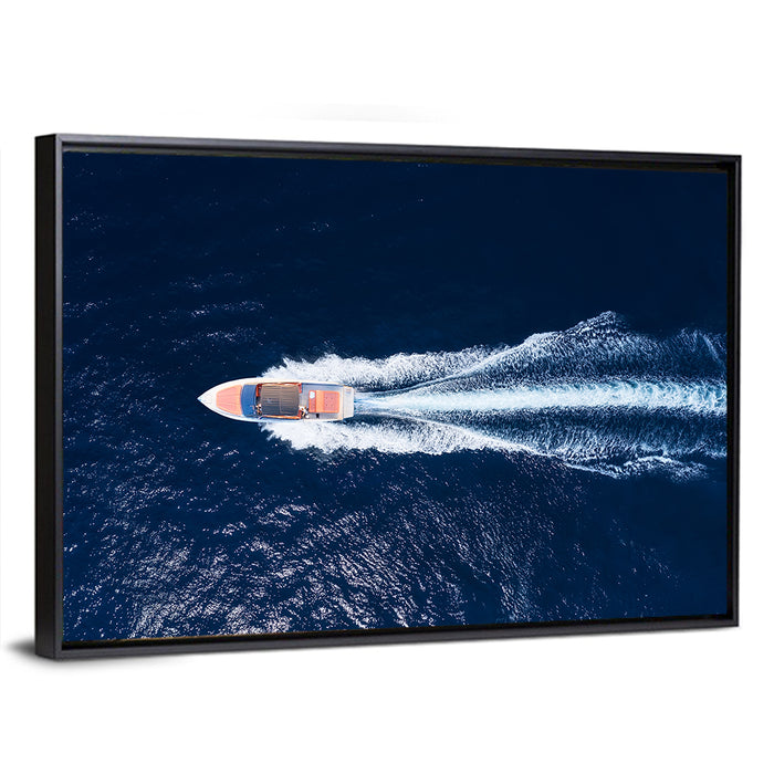 Sleek Speedboat Over Navy Sea Wall Art as a framed canvas