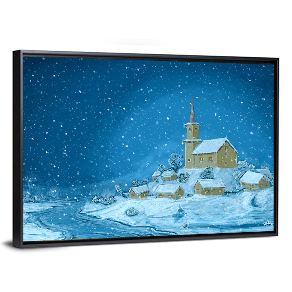 Snowy Village Church at Night Wall Art