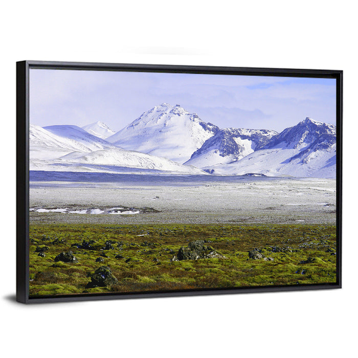 Icelandic Snow and Moss Landscape Wall Art as a framed canvas