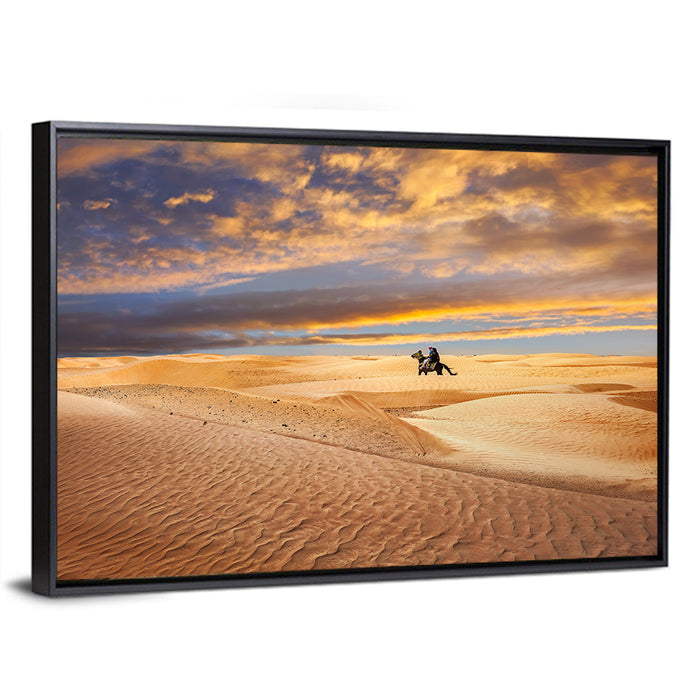 Sahara Camel Rider at Sunset Wall Art as a framed canvas