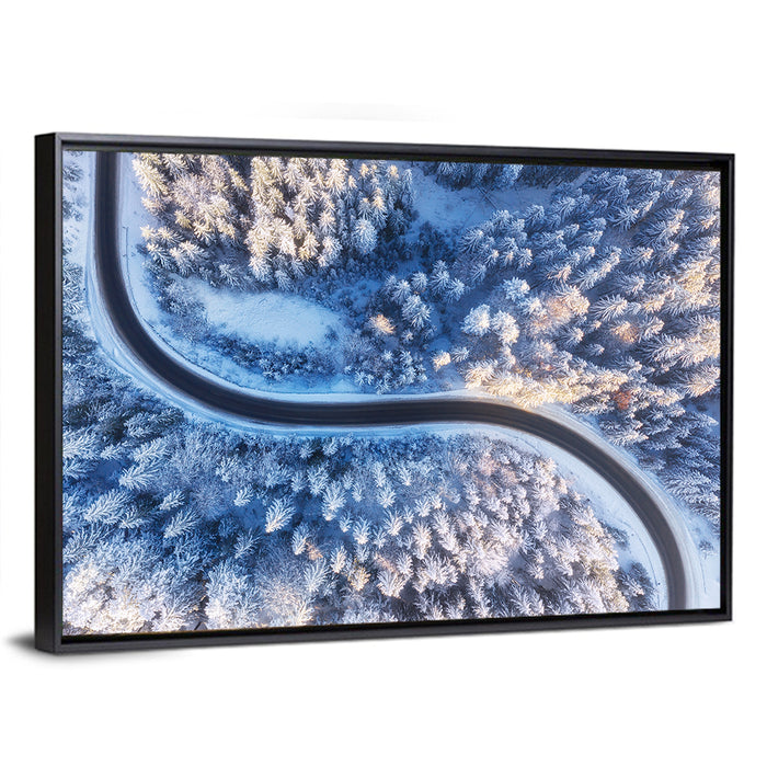Snowy Forest Road at Golden Hour Wall Art as a framed canvas