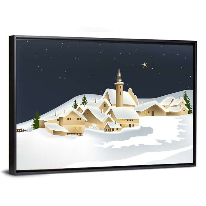 Winter Village Night Illustration Wall Art as a framed canvas