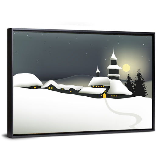 Moonlit Winter Village Illustration Wall Art
