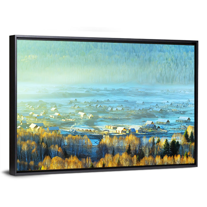 Misty Xinjiang Village Wall Art as a framed canvas