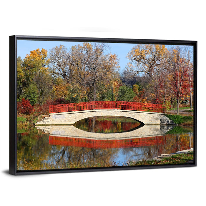 Tenney Park Stone Bridge Reflection Wall Art as a framed canvas