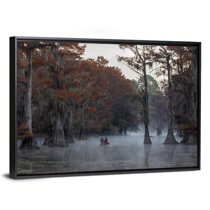 Caddo Lake Morning Mist Wall Art as a framed canvas