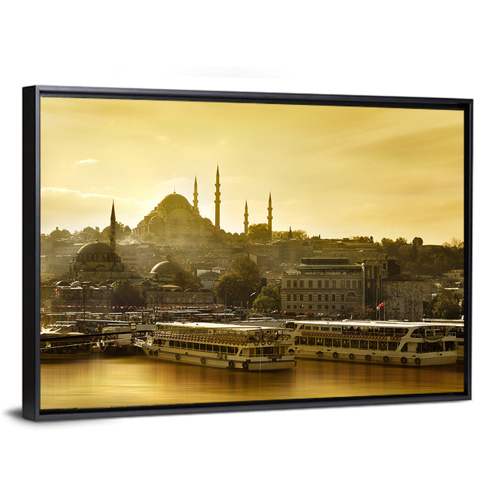 Suleymaniye Mosque Sunset Silhouette Wall Art as a framed canvas
