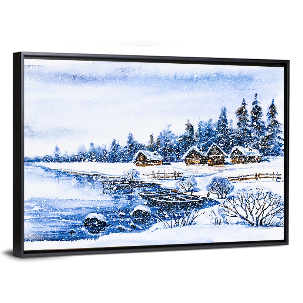Snowy Village by Frozen Lake Wall Art