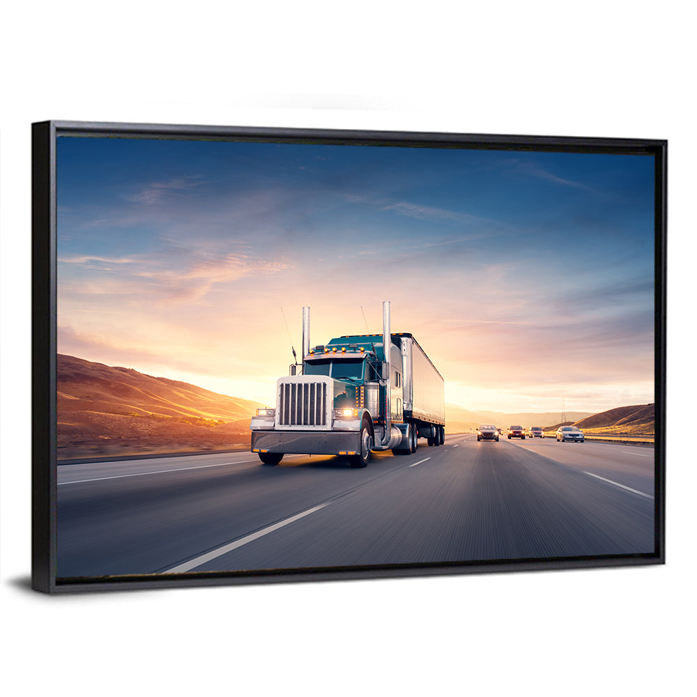 Semi Truck Highway Sunset Wall Art