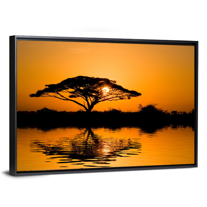 Acacia Tree at Sunrise Wall Art as a framed canvas