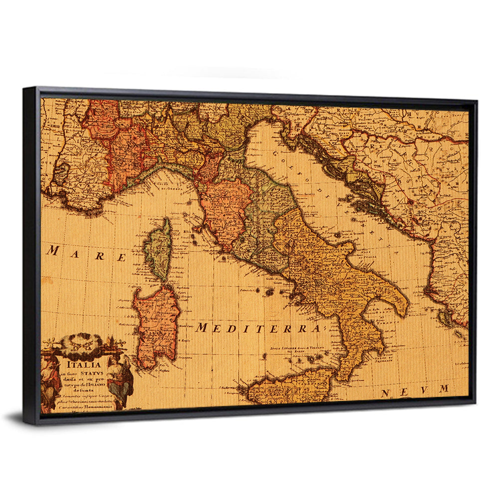 Antique Map of Italy with Ornate Cartouche Wall Art