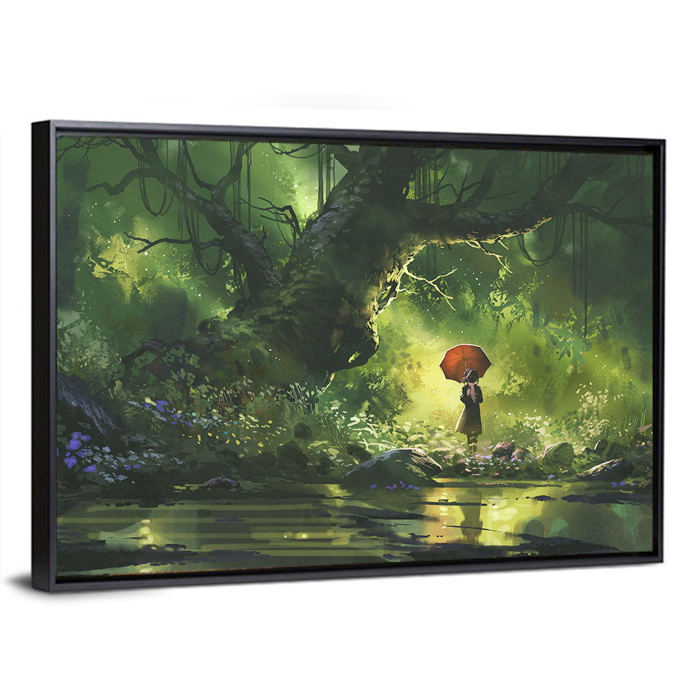 Girl with Umbrella in Mysterious Forest Wall Art