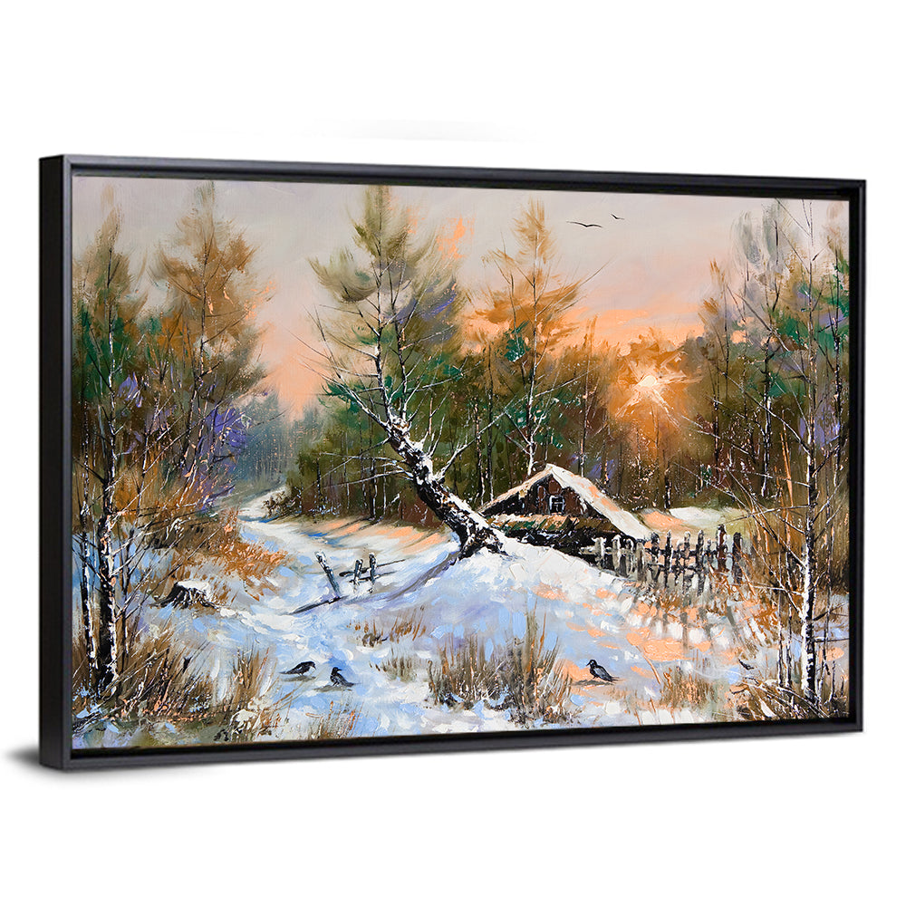 Winter Forest Path with Cabin Wall Art