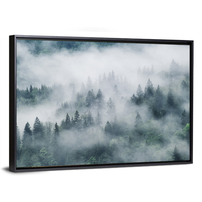Misty Mountain Forest Wall Art as a framed canvas