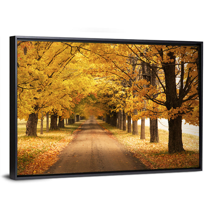 Golden Autumn Road Wall Art as a framed canvas
