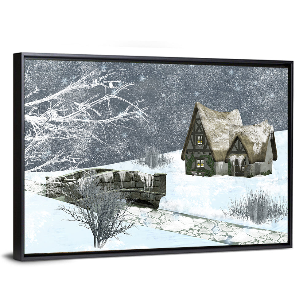 Starry Winter Cottage and Frozen Stream Wall Art
