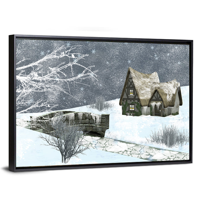 Starry Winter Cottage and Frozen Stream Wall Art as a framed canvas