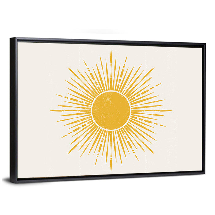 Golden Sunburst Boho Minimalist Wall Art as a framed canvas