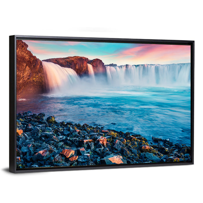 Goðafoss Waterfall at Sunset Wall Art as a framed canvas