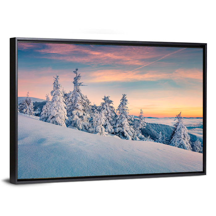 Snowy Carpathian Sunset Wall Art as a framed canvas