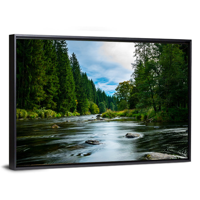Bavarian Forest River Wall Art as a framed canvas