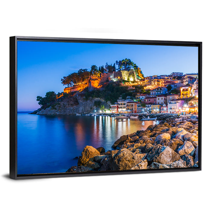 Parga Harbor at Dusk Wall Art as a framed canvas