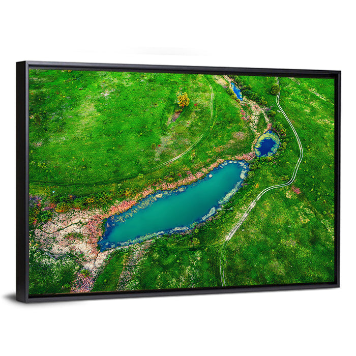 Meadows Lake Aerial Wall Art as a framed canvas