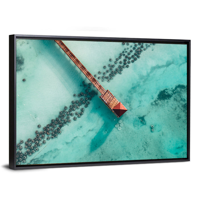 Aerial Red Pier Over Turquoise Water Wall Art as a framed canvas