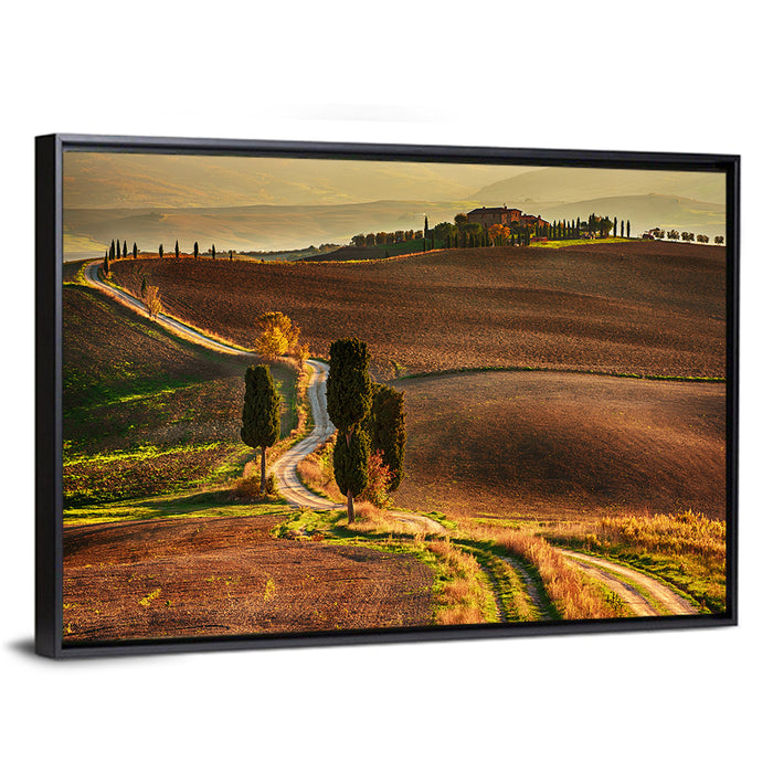 Val D’orcia Winding Golden Road Wall Art as a framed canvas