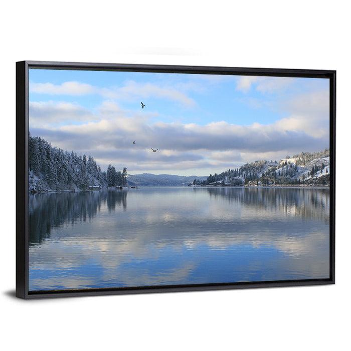 Coeur D Alene Winter Lake Reflection Wall Art as a framed canvas