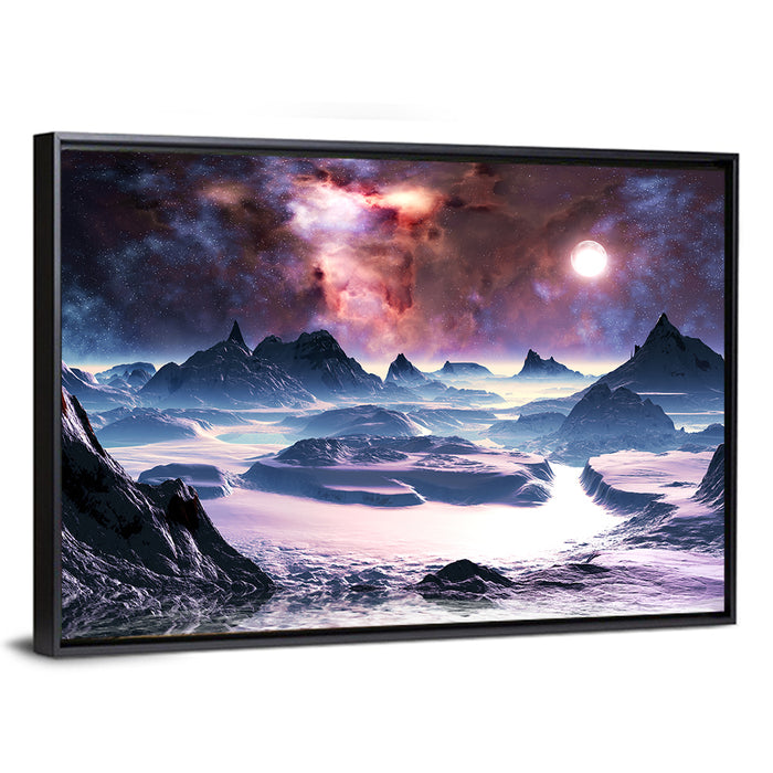 Alien Planet Winter Aurora Wall Art as a framed canvas