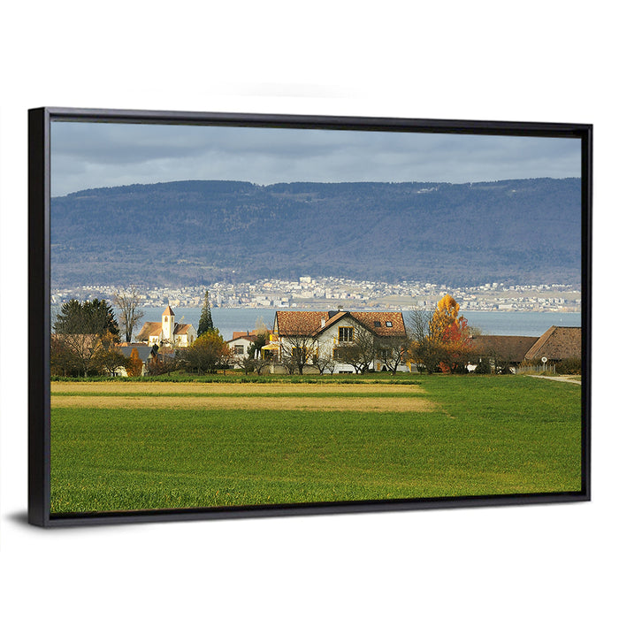 Lake Neuchatel Countryside View Wall Art as a framed canvas