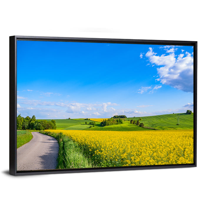 Rapeseed Field Road Under Blue Sky Wall Art as a framed canvas