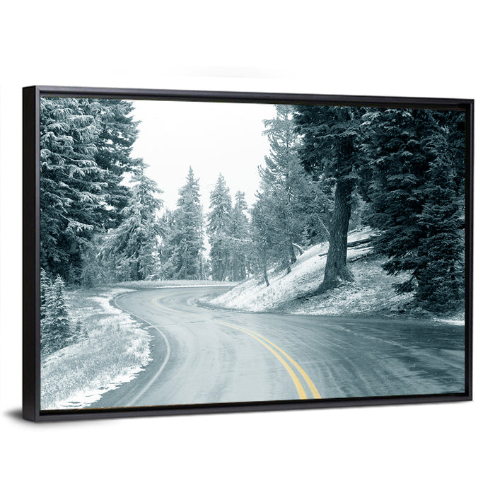 Winding Snowy Highway Wall Art as a framed canvas