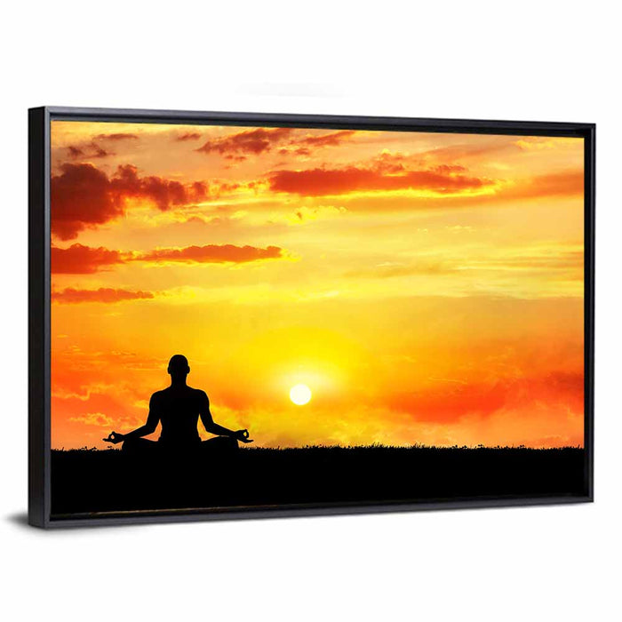 Sunset Yoga Meditation Silhouette Wall Art as a framed canvas