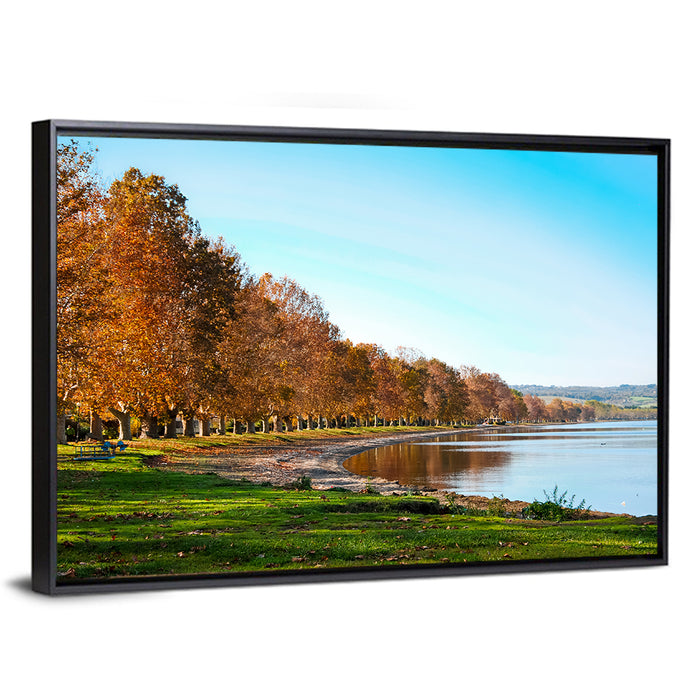 Lake Bolsena Autumn Shoreline Wall Art as a framed canvas