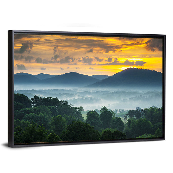Blue Ridge Mountains Asheville Sunset Wall Art as a framed canvas