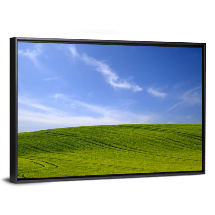 Rolling Green Hill with Blue Sky Wall Art as a framed canvas
