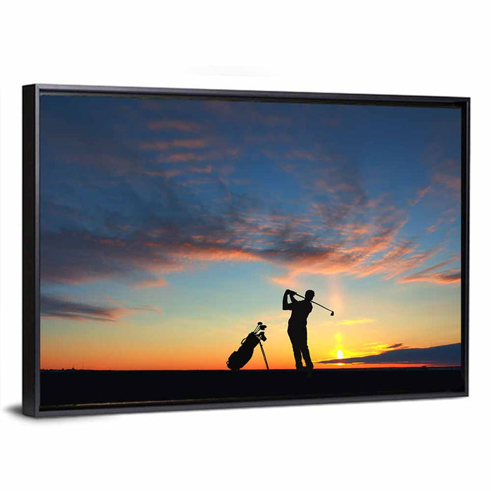 Sunset Golfer Silhouette Wall Art as a framed canvas