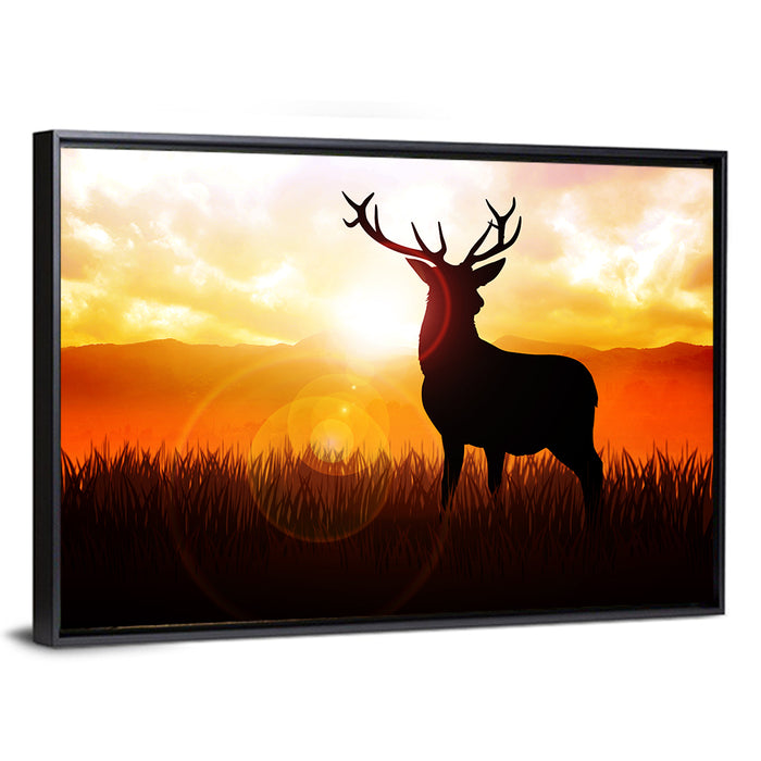 Golden Hour Deer Silhouette Wall Art as a framed canvas