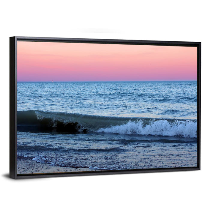 Lake Michigan Sunset with Sailboat Wall Art as a framed canvas