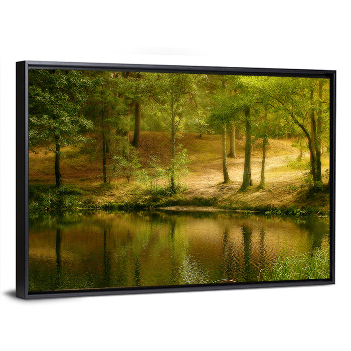 Forest Pond at Golden Hour Wall Art as a framed canvas