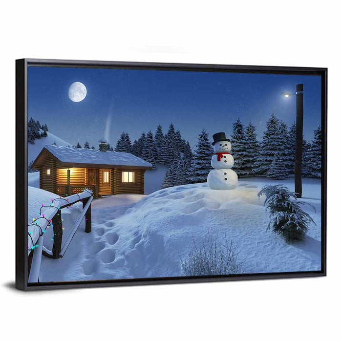 Moonlit Winter Cottage Wall Art as a framed canvas