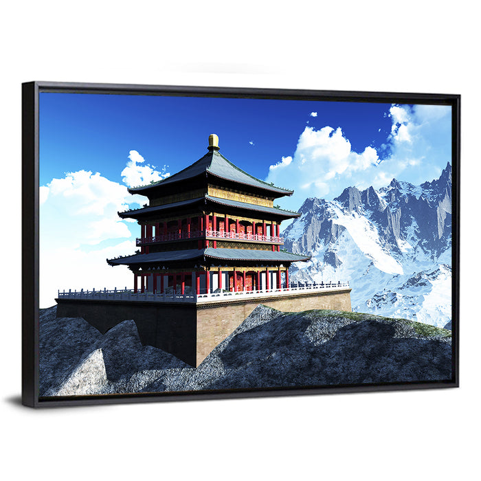 Sunlit Pagoda and Snow Peaks Wall Art as a framed canvas