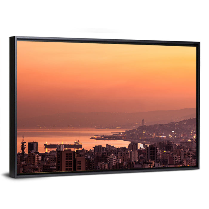 Beirut Sunset Skyline Wall Art as a framed canvas